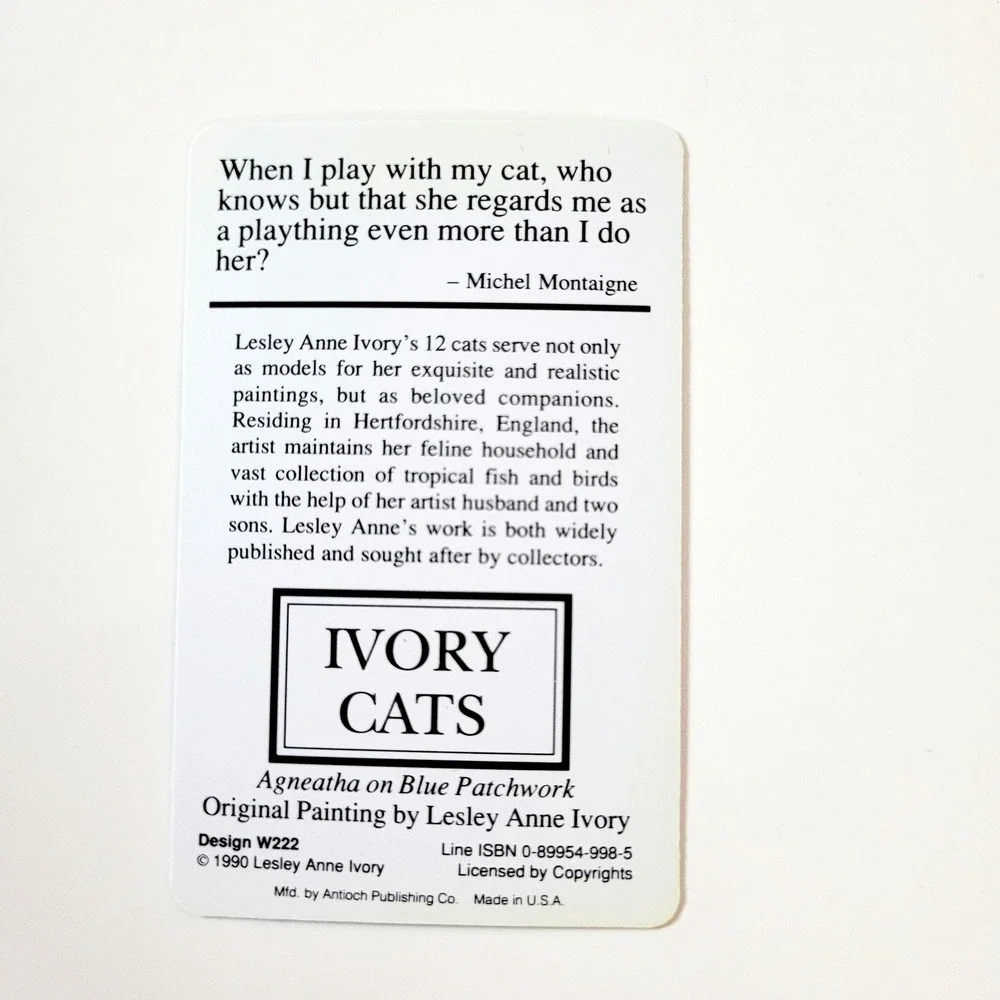 VTG 90s Lesley Ivory Cats Card Bookmark- Agneatha Kitten Quilt 1990 Antioch W222